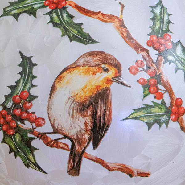 Samuel Alexander 20cm Light Up Christmas Robin Glass Ball with Cool White LEDs