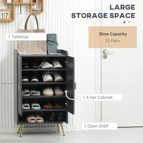Bobobiy Modern Shoe Cabinet with 2 Doors, Open Shelf and Adjustable Shelves, 15 Pair Hallway Shoe Cupboard, Entryway Storage Unit, Grey
