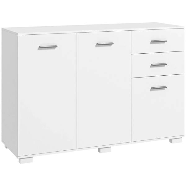 Modern white sideboard cabinet with 3 doors, 2 drawers, and metal bar handles