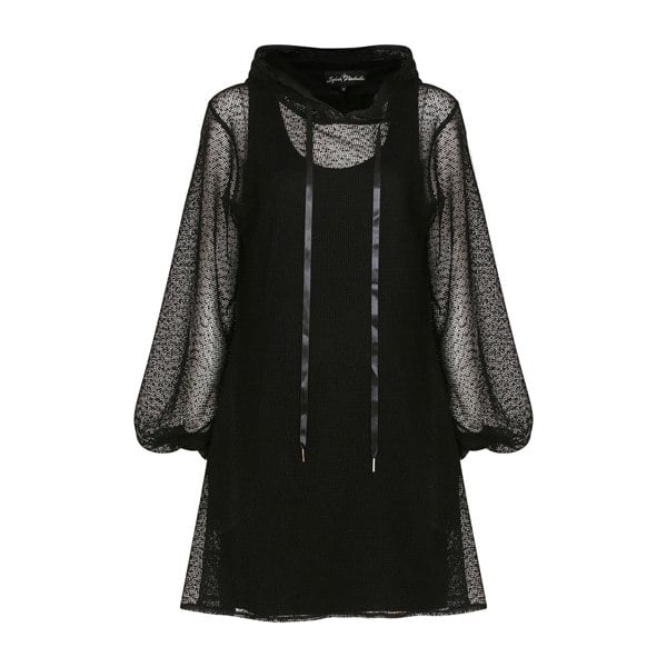 Women's Plus Size Aphrodite Black Holiday Resort Dress with matching black undergarment. Cut out on a mannequin.