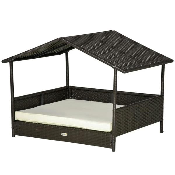 Wicker dog house with canopy and dark frame, cream removable cushion inside