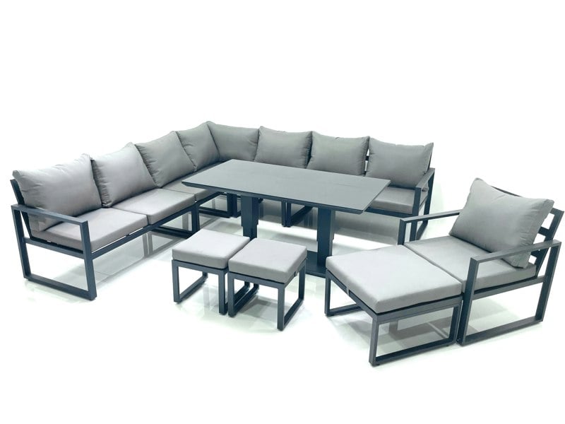 Fimous 11 Seater Outdoor Aluminium Garden Furniture Set with Corner Sofa, Chair, 3 Footstools & Adjustable Rising Dining Table - Dark Grey