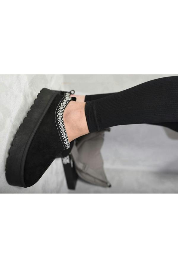 Jolene Aztec Detail Low Ankle Platform Slipper Boots - Black