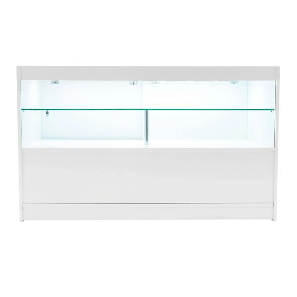Sleek white Eclipse LED shop counter set featuring a glass display shelf and modern design, ideal for retail environments