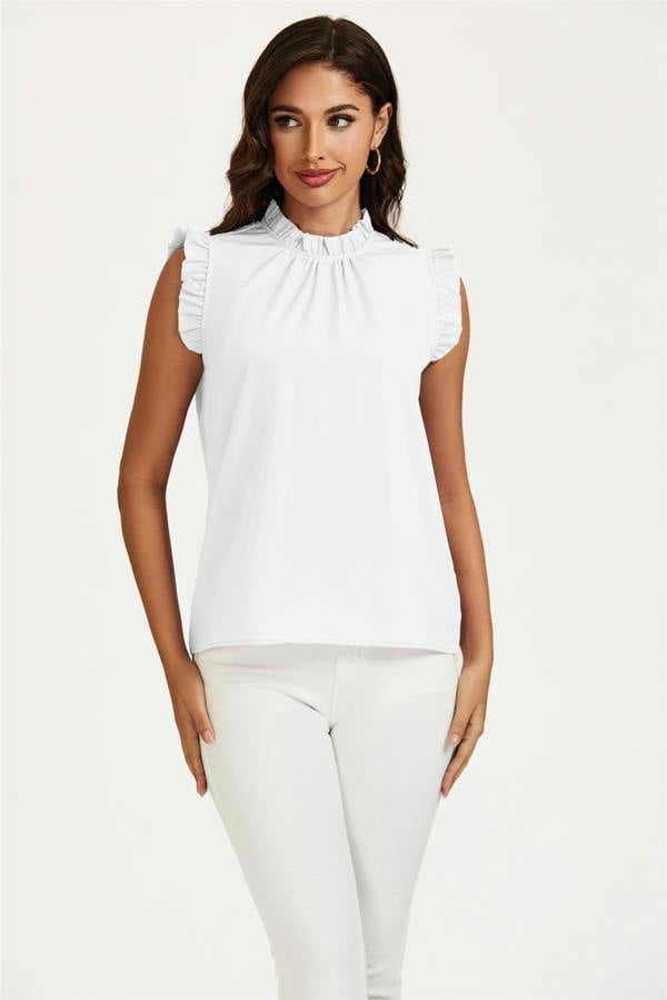 FS Collection Frill Trim Sleeve Frill Neck Blouse Top In White