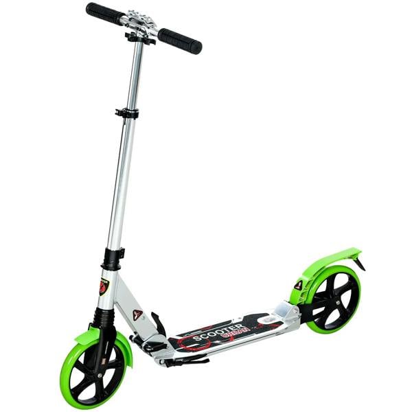 Folding kick scooter with green 200mm wheels, adjustable handlebar, gray deck.