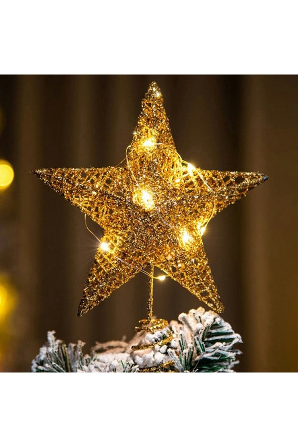 Living and Home Decorative Star Sequins Christmas Tree Topper with LED Lights