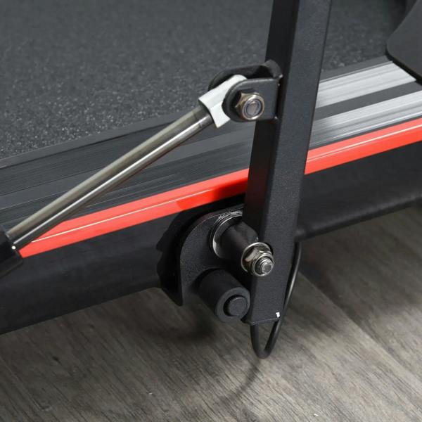 Close-up of foldable walking treadmill side support with adjustable locking knob