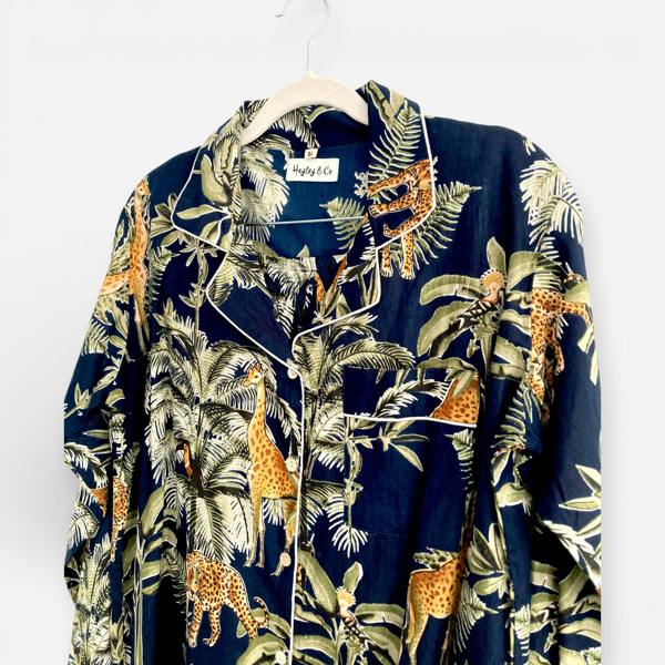 Hayley & Co Giraffe Print 100% Cotton Long Pyjama Set in Dark Blue