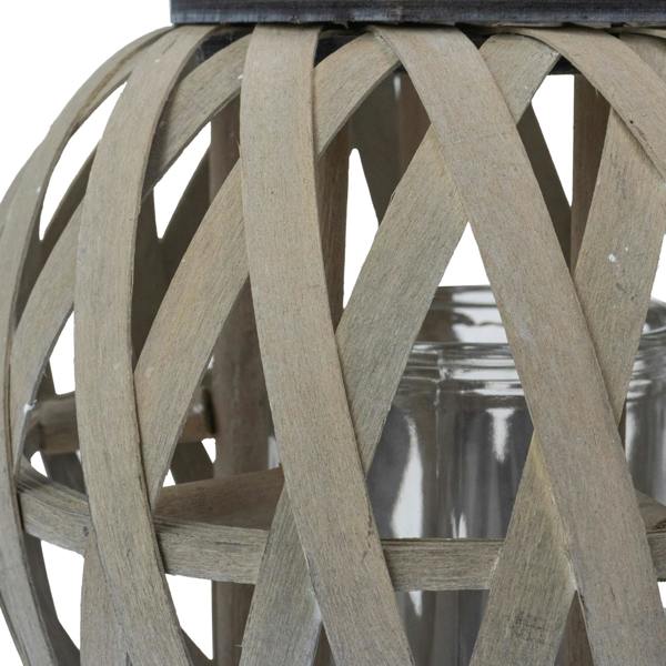 JVL Set of 2 Luna - Natural Round Wood Lantern With Handle, Antique Wash
