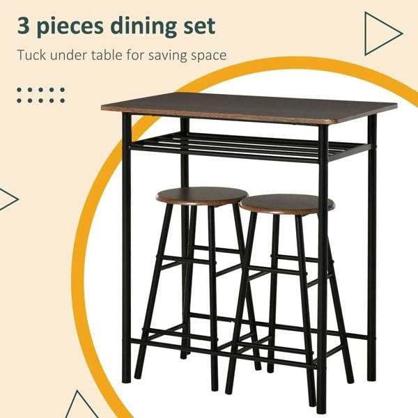 Compact bar table set with dark wood tabletop, storage shelf, and two stools.
