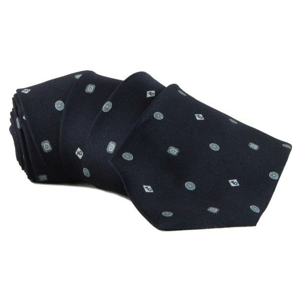 Dunhill monogram and dot patterned tie in mulberry silk midnight navy blue white