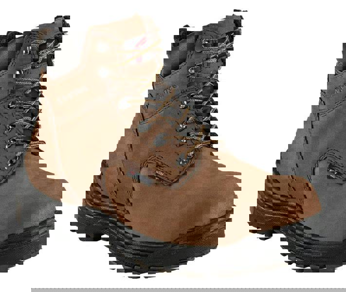 Red Wing Shoes Red Wing King Toe 3043 Mens 6" Vibram Waterproof S7L Safety Ankle Boots, brown leather work boots with black soles, lace-up style with metal eyelets and padded collar for safety and durability.