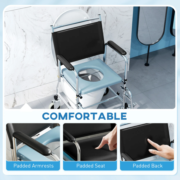 HOMCOM Rolling Shower Chair with Wheels, Bedside Commode Wheelchair for Seniors