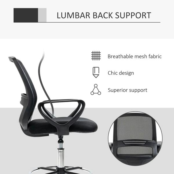 Black ergonomic office chair with curved lumbar-support mesh back and padded seat on swivel base