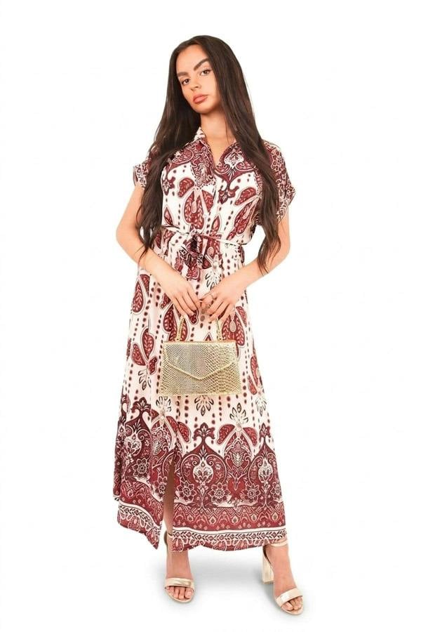 Lianne Collared Short Sleeve Midi Dress With Tie Waist - Red_wb