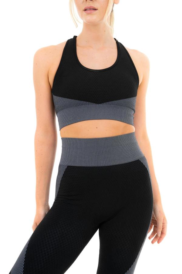 Smart Living Women's Textured Panel Sports Bra with Cross Strap - Black/ Grey