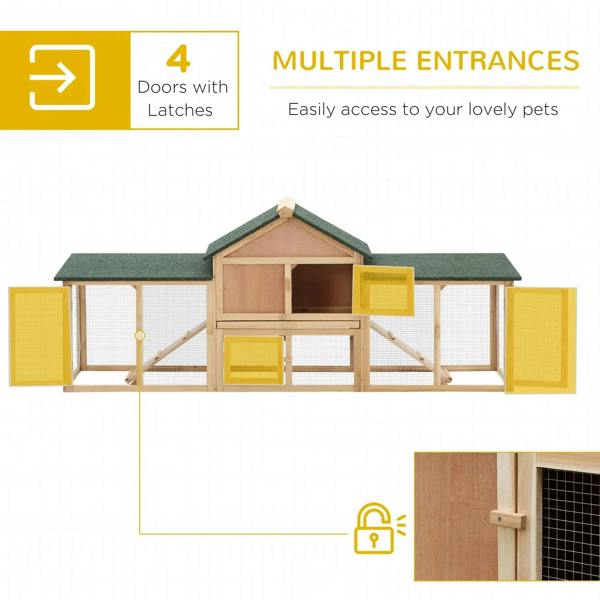 Wooden rabbit hutch with run, front openings and latches, cross-section view