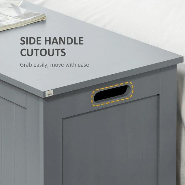 Grey storage chest with side handle cutout for easy carrying