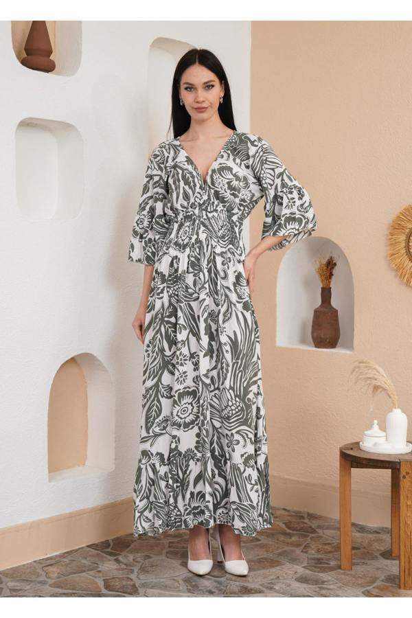 Hoxton Gal Oversized V Neck Shirred Waist Floral Print Maxi Dress in Khaki