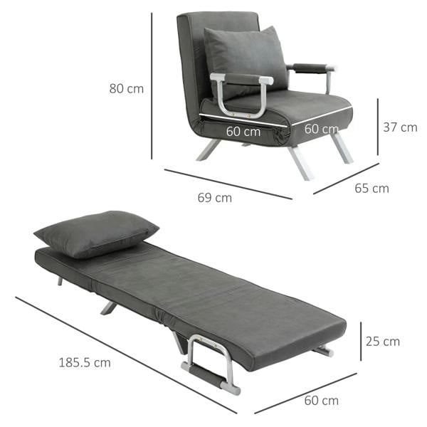 Grey chair bed with backrest and extended daybed base, 185.5 cm long