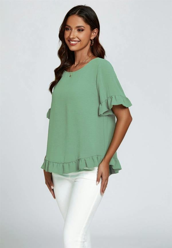 FS Collection Frill Detail Short Sleeves Top In Light Green