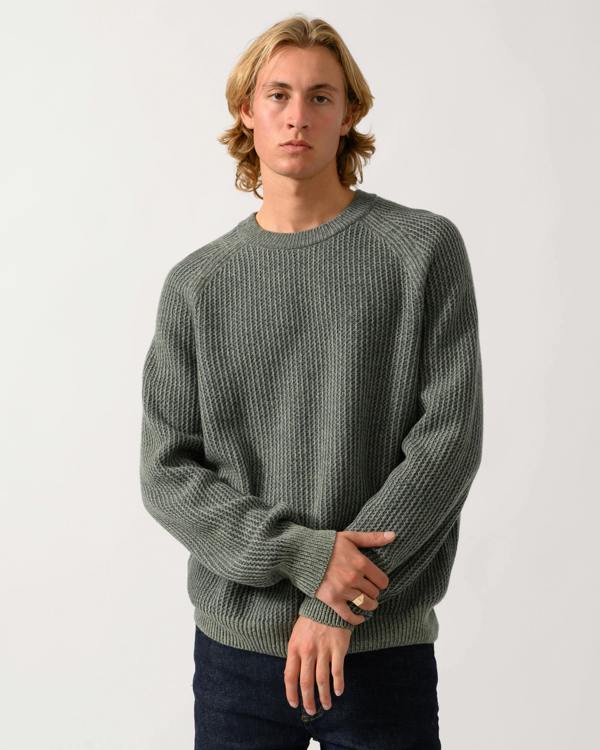 model wearing a BOSS Orange Kepler Mens Crew Neck Jumper in Open Green 370