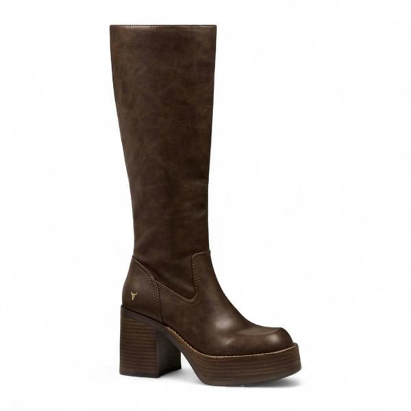 Windsorsmith Womens Oak Brown Faux Leather Knee-High Platform Heel Boots - Niche