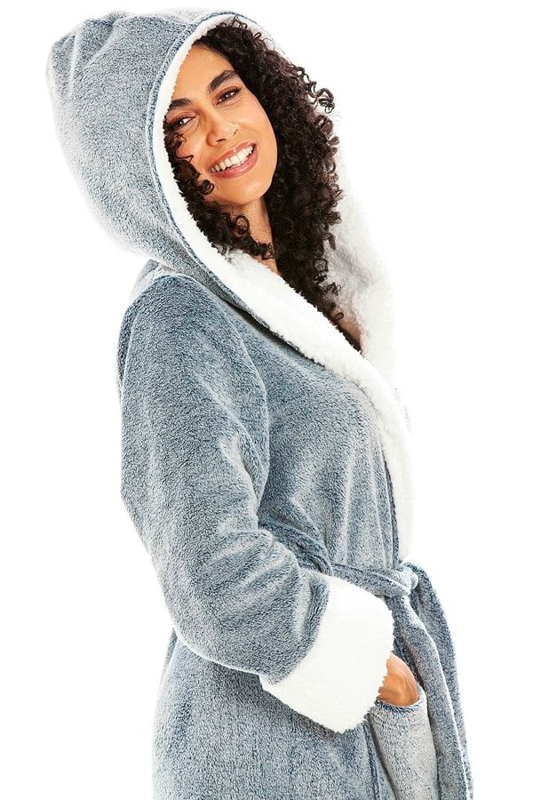 Camille Womens Jade Deep Pile Full Length Fleece Bathrobe with Sherpa Lined Hood & Cuffs