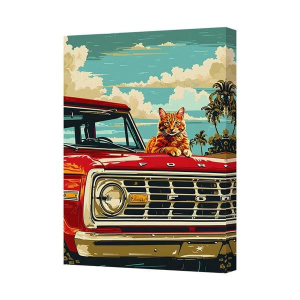 Benjamin Tate Design Cat On Red Ford Truck Canvas Art Print With Palm Trees