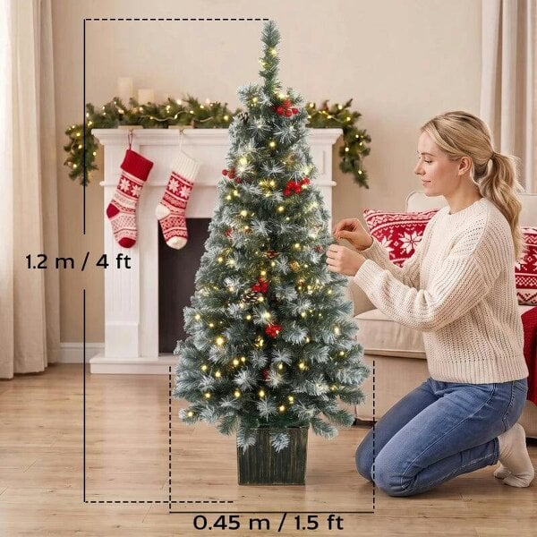 Bobobiy 4ft Pre-Lit Slim Artificial Christmas Tree Set of 2, with 100 Dual-Colour LED Lights, 140 Frosted Branch Tips