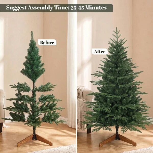 Bobobiy 150cm Artificial Christmas Tree Full Hinged Xmas Tree Solid Pine Wood Stand, Green