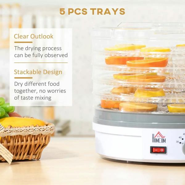 5-tray food dehydrator with clear trays holding dried fruit slices, white base controls
