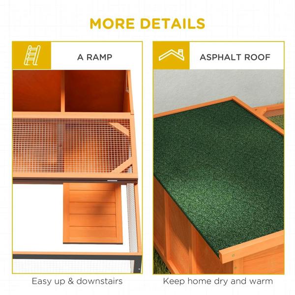 Orange small animal hutch with interior ramp and green turf roof panel detail