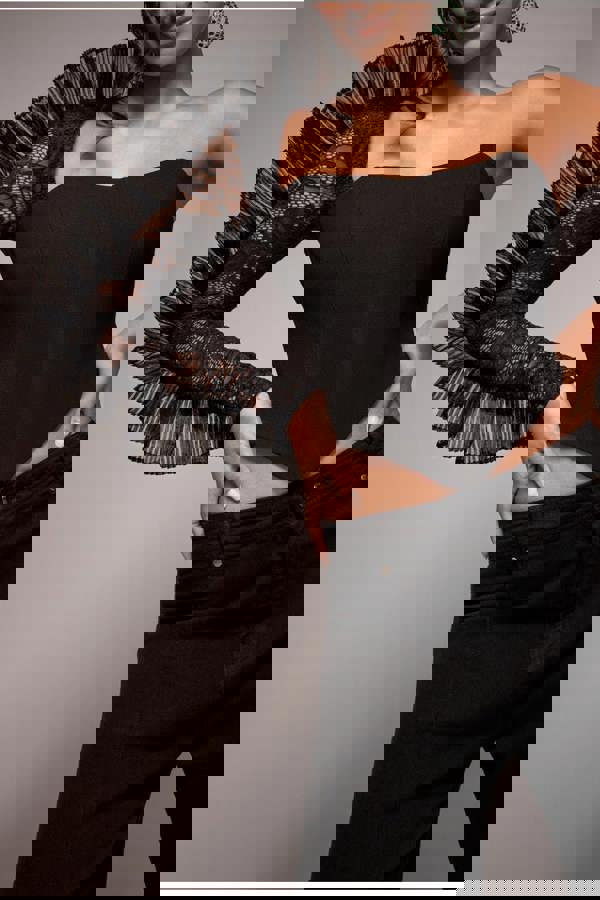 One Shoulder Fan Pleat Frill Corset Top - Black T232