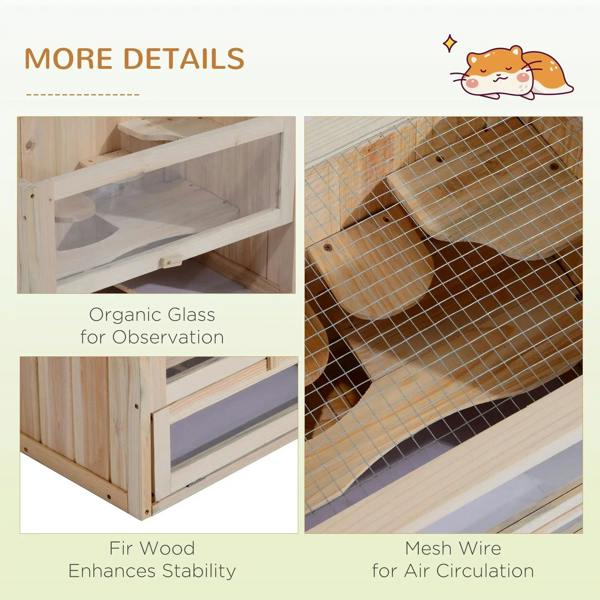 Natural wood hamster cage with clear viewing window panel and mesh wire enclosure