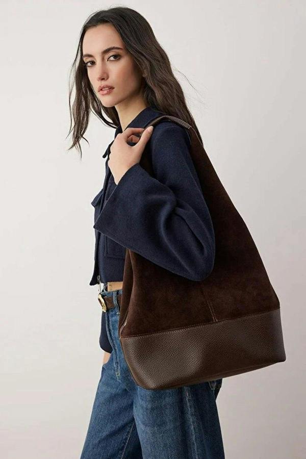 WOVCOR Genuine Leather Midi Shoulder Bag with Zipper Expandable