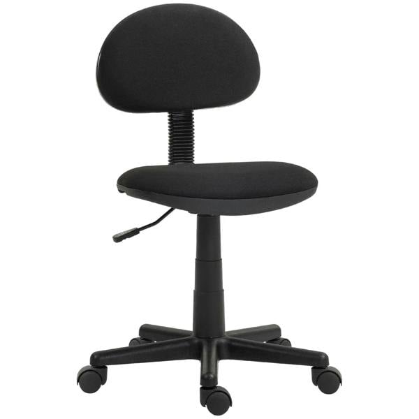 Black armless office chair with round seat, backrest, and five-wheel base