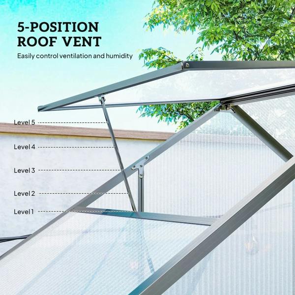 Polycarbonate greenhouse with dark grey roof vent bars for multi-level ventilation