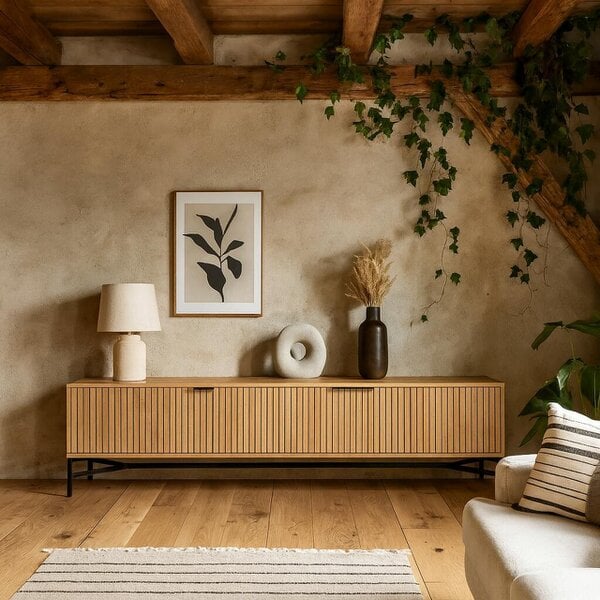 Wyld Haus Brisbane 176cm Slatted Wild Natural Oak TV Unit 3 Doors Black Metal Legs
