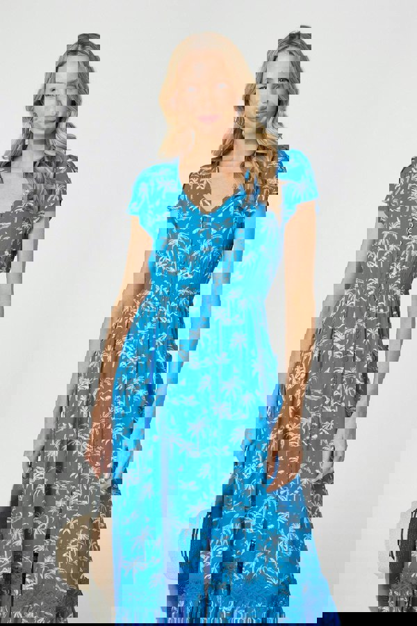 Blue | Tropical Print Angel Sleeve Maxi Dress