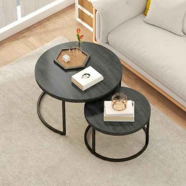 Set of Two Wood-Effect Stacking Tables - Black Wood Grain