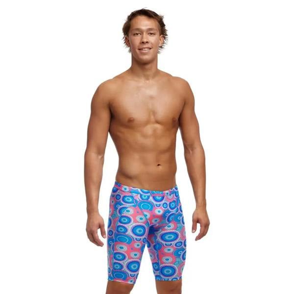 Bundjalung Blue swim training jammers in blue and pink abstract pattern