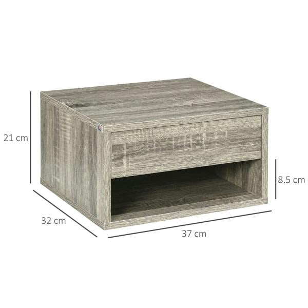 Grey wood-effect wall-mounted bedside table with open shelf, shown with size markers