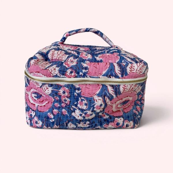 Hayley & Co Vanity Bag - Quilted Cotton Toiletry Bag in Blue and Pink Floral Block Print