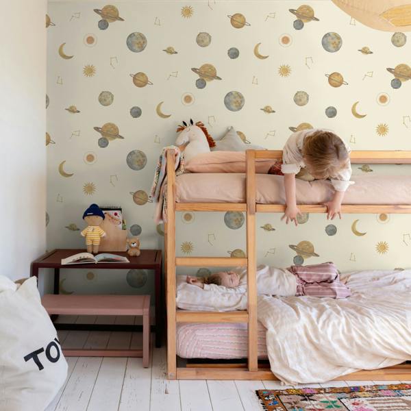 Grandeco Maury Planets and Constellations Nursery Textured Wallpaper, Cream Gold