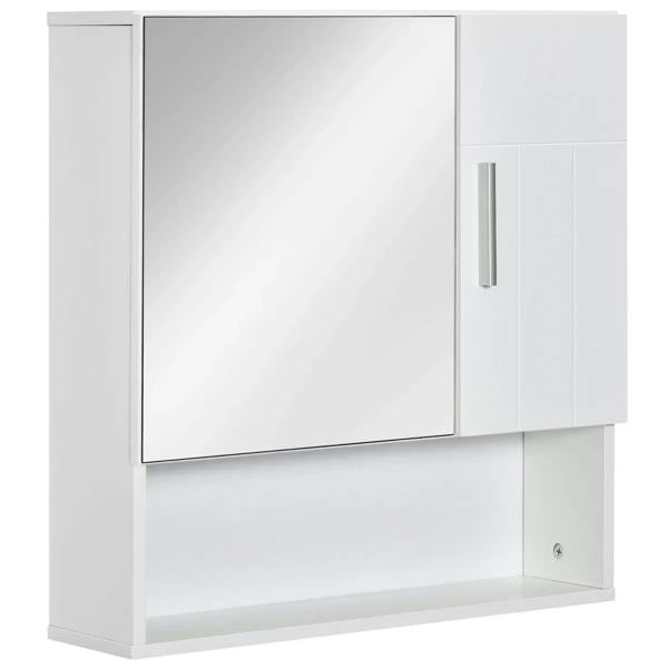 White wall-mounted bathroom mirror cabinet with double doors and open lower shelf