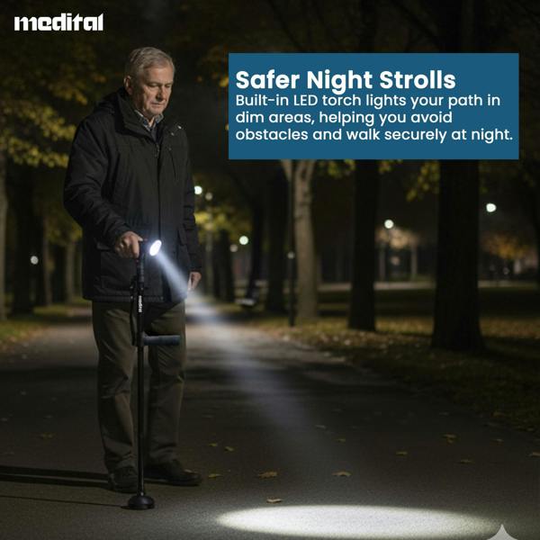 MEDITAL Folding Walking Stick with SOS Alarm & LED Light - 86-97cm Adjustable Aluminum Foldable Walking Stick for Men & Women