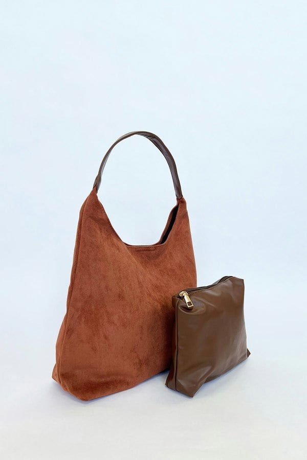 SVNX Suede Hobo Shoulder Bag in Tan
