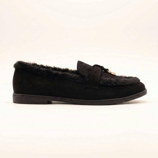Love Lemonade Mollie Faux Suede Fur Lined Flat Penny Detail Moccasin Loafers Black